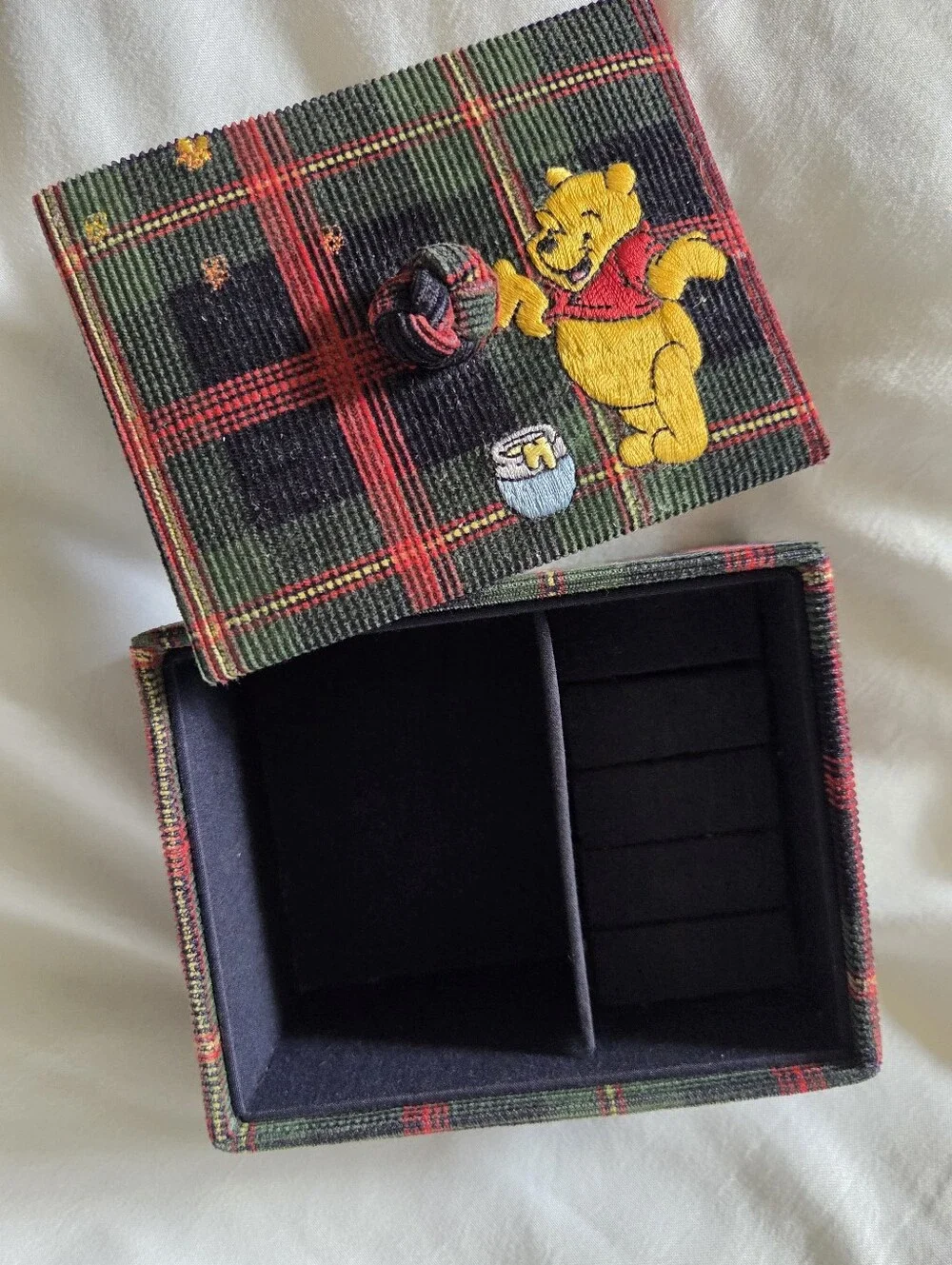 Y2K Vintage Disney Store Embroidered Winnie the Pooh Tartan Corduroy Jewlery Box